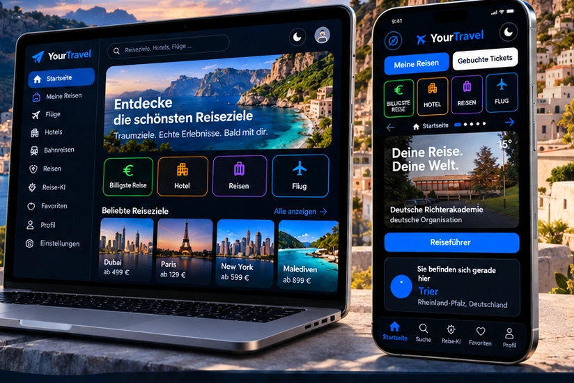 Vorschau der YourTravel-Oberfläche auf Laptop und Smartphone